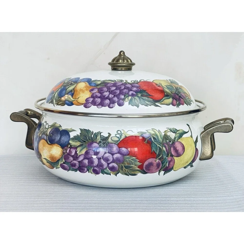 Cornucopia Enamel Dutch Oven Stock Pot 2.5 Qt Brass Handles Fruit Design